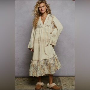 107 - POL Long Sleeve Double Gauze Crochet Spangle Trim Woven Cream Dress -New